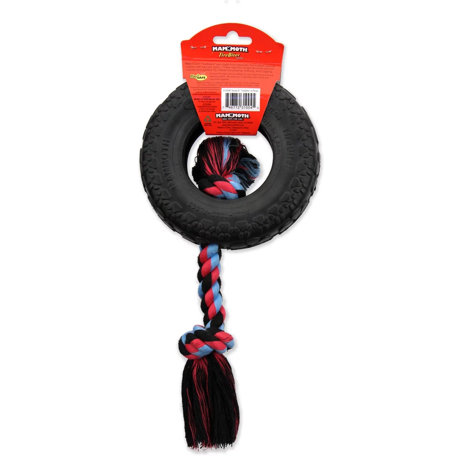 Tirebiter Original Rubber Dog Toy with Cottonblend Assorted Color Rope, Small 6"